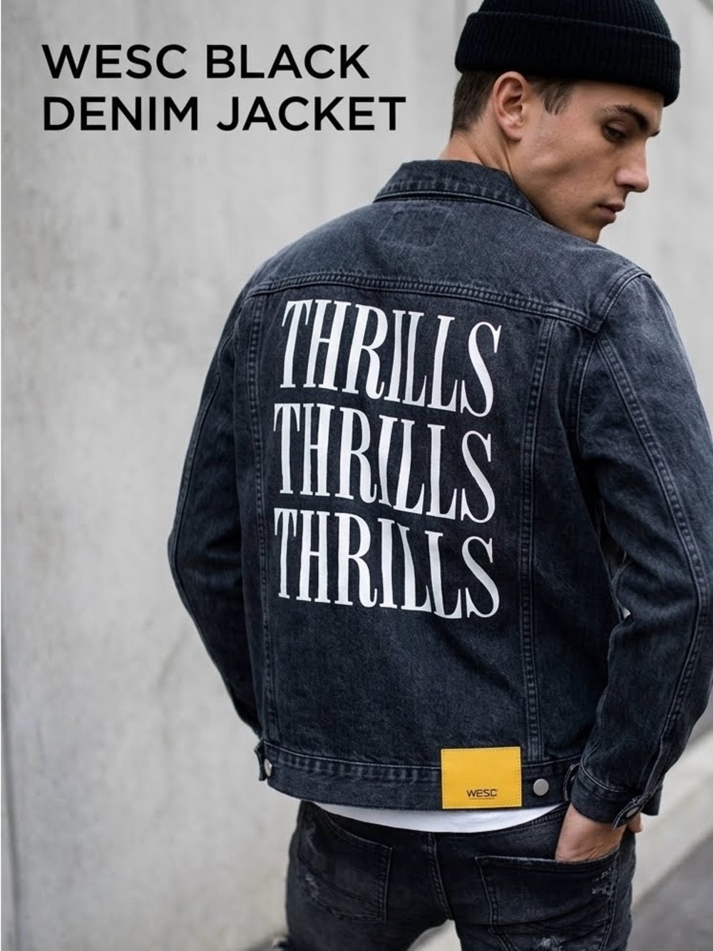 Wesc Black Denim Jacket with White 'THRILLS' Back Graphic